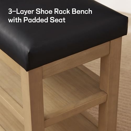 Zihanhome Shoe Rack Bench with Leather Cushion, 2 Tier Solid Wood