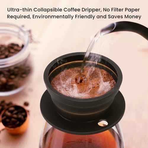 Paperless Collapsible Pour Over Coffee Dripper, Travel Pour Over Coffee Maker Camping with Reusable Metal Filter, Silicone Collapsible coffee filter, Single Cup Coffee Strainer Pour Over Black
