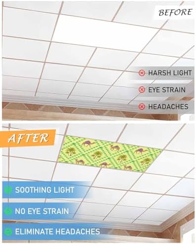 2 Pack Fluorescent Light Cover for Ceiling Lights, Desert Sand Camels Magnetic Classroom Light Filters 4x2 Feet, Palm Trees Tropical Plants Polka Dot Yellow Decorative Ceiling Shade Panel for Office - Field & Pure