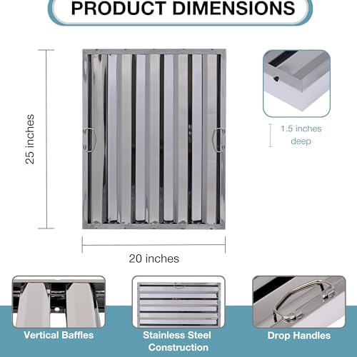 20" x 25" Stainless Steel Commercial Hood Filter – Dishwasher Safe, Welded Baffle Grease Trap with Drop Handles – Easy Installation & Durable Grease Fire Prevention Filter - Field & Pure