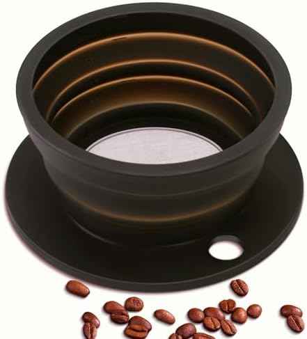 Paperless Collapsible Pour Over Coffee Dripper, Travel Pour Over Coffee Maker Camping with Reusable Metal Filter, Silicone Collapsible coffee filter, Single Cup Coffee Strainer Pour Over Black