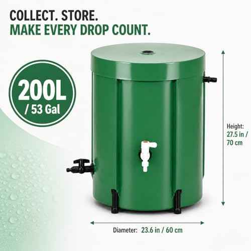 Collapsible Rain Barrel 53 Gallon, PVC Rainwater Collection Barrel with Spigot, Overflow & Mesh Screen — Portable, Foldable Water Storage Tank for Garden, Lawn & Outdoor Watering