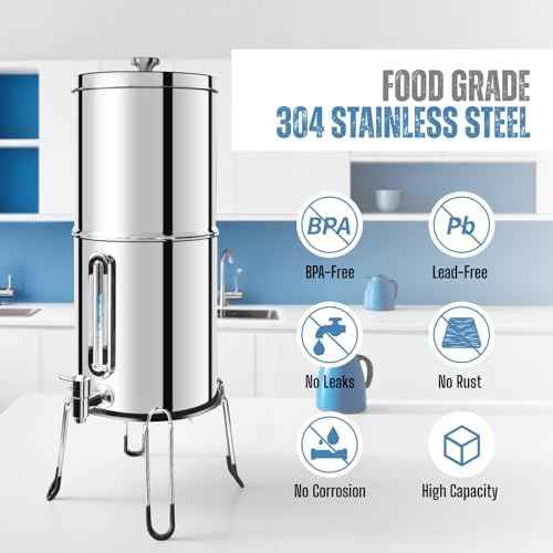 SINCHO 2.25G Gravity Water Filter System with Level Window – 3-Stage Stainless Steel System, 2 Washable Ceramic Filters, No Electricity Needed