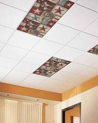 1 PCS Fluorescent Light Covers - Farmhouse Western Cowboy Vintage Wood Magnetic Light Filters for Ceiling Light,Rustic Stars Horse Light Shade Panel for Office Classroom Home Decor,4 x 2 Feet