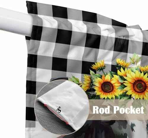 Sunflowers Cow Swag Curtain Valances, Kitchen Valance for Window, Farm Animal Black Buffalo Plaid Rod Pocket Topper Drapes for Bathroom Bedroom Living Room 2 Panels Window Treatment 36"x63"