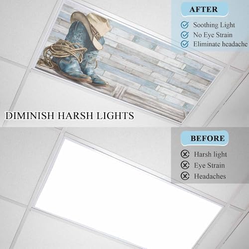 3 Pack Fluorescent Light Cover 4x2 Feet, Western Cowboy Boots Lights Filters Drop Fluorescent Lights Shade Panel, Vintage Country Blue Wooden Magnetic Ceiling Light Cover for Classroom Office - Field & Pure