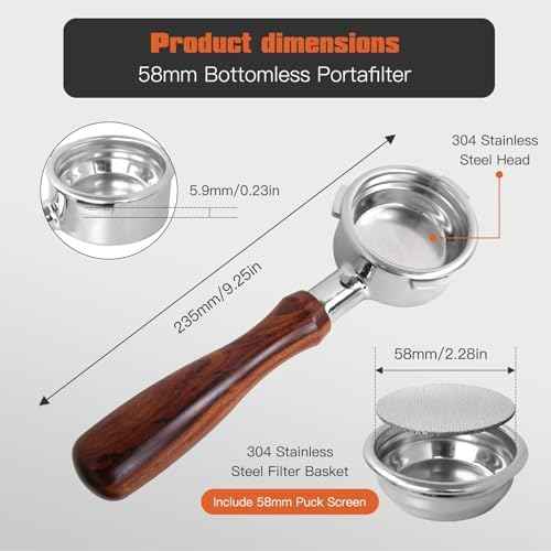 58mm bottomless portafilter with 3 Ears Compatible for CASABREWS/Gevi 58mm Espresso Machines | with Stainless Steel Filter Basket and Wooden Handle
