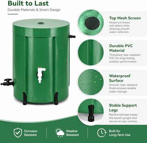 Collapsible Rain Barrel 53 Gallon, PVC Rainwater Collection Barrel with Spigot, Overflow & Mesh Screen — Portable, Foldable Water Storage Tank for Garden, Lawn & Outdoor Watering