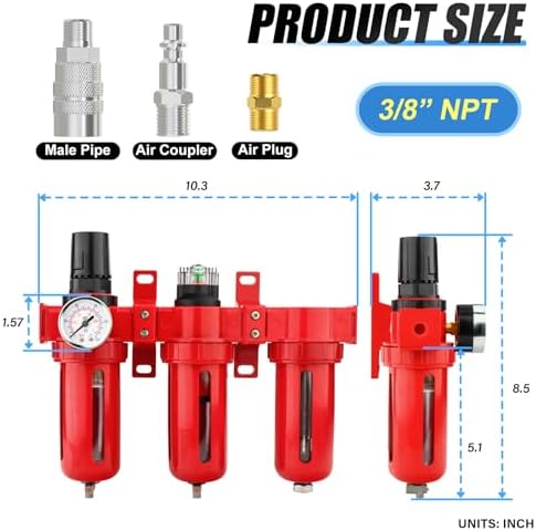 MEANLIN 3/8" NPT 3 Stage Aluminium Air Drying System,Coalescing Filter, Particulate Filter, Desiccant Dryer and Air Regulator, Manual Drain, Mid Flow, For Plasma Cutter and Paint Spray