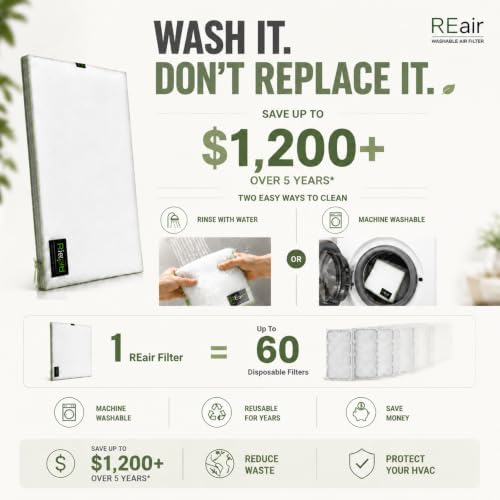 Reair 14x25x1 Air filter, Washable and Reusable Air Filter 14x25x1 for AC HVAC Furnace, MERV 8 Air Filters Machine Washable & Dryer Friendly, AC Furnace Air Filter - Field & Pure
