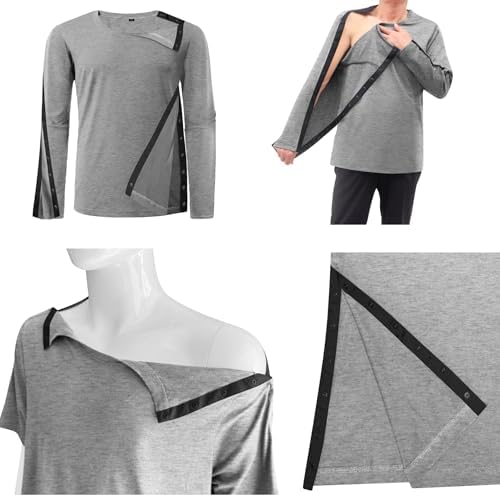 Unisex Post Shoulder Surgery Recovery Shirts - Full Tear Away Snap Long Sleeve Men Chemo Port Shirts for Men Women - Field & Pure