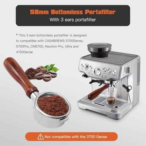 58mm bottomless portafilter with 3 Ears Compatible for CASABREWS/Gevi 58mm Espresso Machines | with Stainless Steel Filter Basket and Wooden Handle