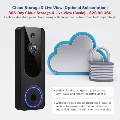 1080p WiFi Video Doorbell Camera Wireless, Battery Powered, AI Human and Motion Detection, 2 Way Talk, Night Vision, Cloud Storage, 2.4G WiFi Only, Indoor/Outdoor Surveillance - Field & Pure