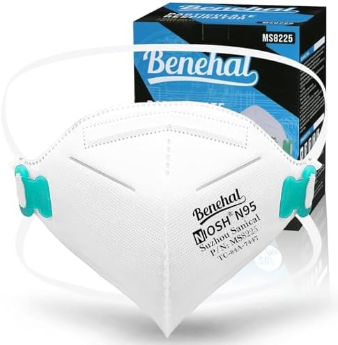 BENEHAL N95 Masks for Adults - 50 NIOSH-Approved 5 Ply Individually Wrapped Reusable N95 Face Masks - 95% Filtration for Easy Breathing, Designed for Long Wear, Helps Filter Pollen, Mold Spores & Dust - Field & Pure