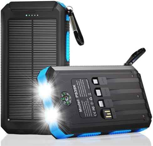 Durecopow Solar Charger Power Bank 20,000mAh, Portable Charger, 4 Cables 3 Ports Fast Charging External Battery Pack with USB C for Cell Phones, Solar Panel Charger with Dual Flashlight for Camping