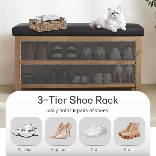 Zihanhome Shoe Rack Bench with Leather Cushion, 2 Tier Solid Wood