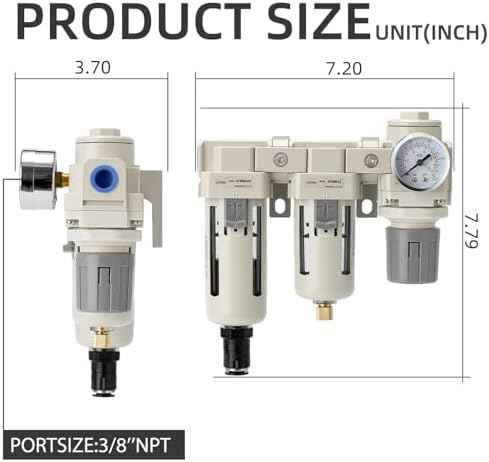 Air Filter Dryer 3/8 NPT Auto Drain+Semi-Auto Drain-Double Air Filters,Air Pressure Regulator,Air Compressor Water Separator(0-150PSI)
