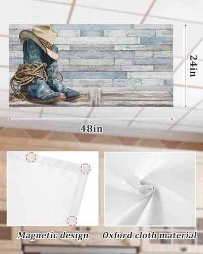3 Pack Fluorescent Light Cover 4x2 Feet, Western Cowboy Boots Lights Filters Drop Fluorescent Lights Shade Panel, Vintage Country Blue Wooden Magnetic Ceiling Light Cover for Classroom Office