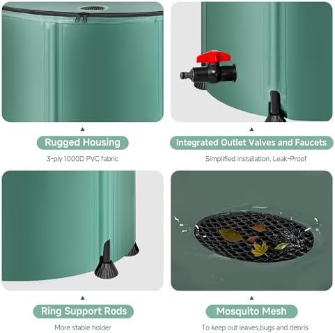 Collapsible Rain Barrel Water Storage Containers-53 Gallon Portable Rainwater Collect System Water Tank to Collect Rainwater from Gutter Downspout Water Catcher with Spigots,Filter＆Overflow Kits - Field & Pure