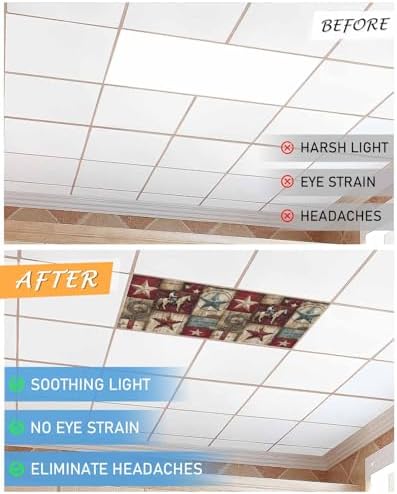 1 PCS Fluorescent Light Covers - Farmhouse Western Cowboy Vintage Wood Magnetic Light Filters for Ceiling Light,Rustic Stars Horse Light Shade Panel for Office Classroom Home Decor,4 x 2 Feet - Field & Pure