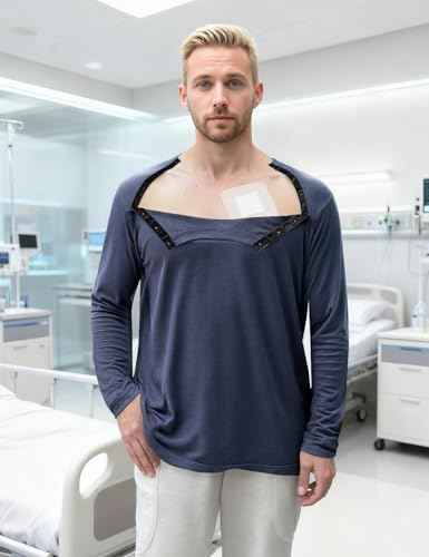 Unisex Chemo Port Shirts Long Sleeve Post Shoulder Surgery Recovery Shirts Tear Away Chemo Clothing
