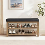 Zihanhome Shoe Rack Bench with Leather Cushion, 2 Tier Solid Wood