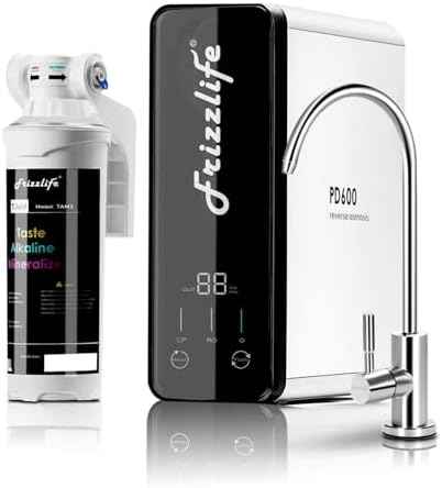 Frizzlife Reverse Osmosis Water Filter - Alkaline Mineral pH+, NSF/ANSI 58&53&42&372 Standard, 600GPD Tankless RO Reverse Osmosis System, Under Sink, 2:1 Pure to Drain, Reduce FPAS/PFOA, PD600-TAM3