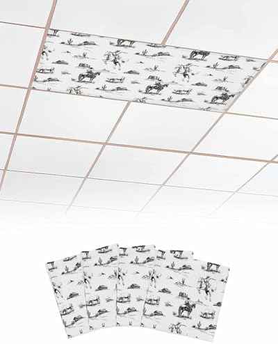 Black Western Cowboy Fluorescent Light Covers for Ceiling Lights 4x2 feet,4 Pack Magnetic Light Filters for Classroom,Vintage Horse Cactus Ethnic Art Fluorescent Lights Shade Panel for Office School