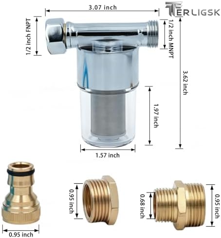 40 Micron Reusable Sediment Water Filter, Brass Inline Filter with 1/2" NPT & 3/4" GHT Fittings, for Garden Hose, Washer, Washing Machine, RV, Well Water & High Pressure Washer - Field & Pure