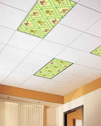 2 Pack Fluorescent Light Cover for Ceiling Lights, Desert Sand Camels Magnetic Classroom Light Filters 4x2 Feet, Palm Trees Tropical Plants Polka Dot Yellow Decorative Ceiling Shade Panel for Office