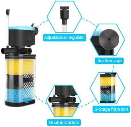 Aquarium Filters – 3-Stage Aquarium Filter in-Tank Filter Internal Filter Fish Tank Filter Turtle Filter for 10-40 Gallon Fish Tanks with Dual Water Outlet and Aeration
