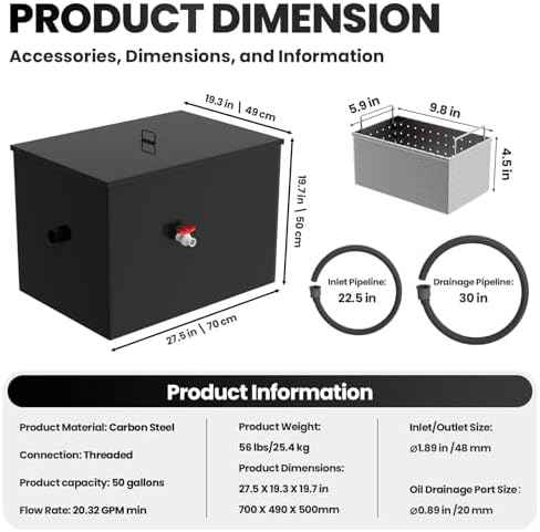 Commercial Grease Trap, 40 LBS Carbon Steel Under Sink Grease Trap, Side Inlet Interceptor 40 Gallon, 15.32 GPM Grease Interceptor, for Restaurant Home Kitchen Canteen
