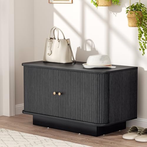AKMAKM Fluted Shoe Storage Bench, 31" W Small Entryway Bench with