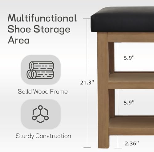 Zihanhome Shoe Rack Bench with Leather Cushion, 2 Tier Solid Wood