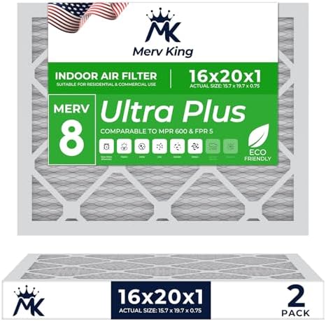 MervKing 16x20x1 Air Filter Actual Size: 15.7" x 19.7" x 0.75" MERV 8 MPR 600-700 | MADE IN USA | 2-Pack | Pleated HVAC AC Furnace Replacement