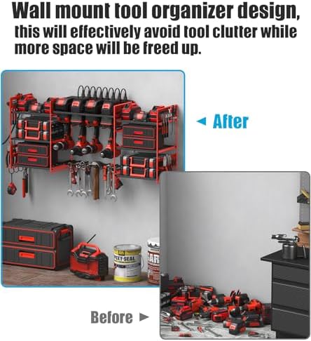 CCCEI Red Power Tool Organizer Wall Mount, Large Tools and Battery Storage Rack Charging Station Individual Switches. Drills Holder, Garage Utility Shelves with 6FT Power Strip. Gift for Men. - Field & Pure
