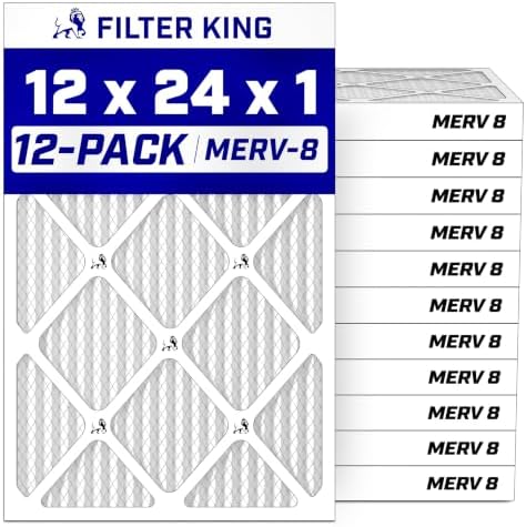Filter King 12x24x1 Air Filter (MERV 8) (12-Pack) Dust & Allergy Control AC Furnace Filters, MADE IN USA, HVAC, Pleated, Electrostatic (Actual Size: 11.5 x 23.5 x .75)
