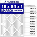 Filter King 12x24x1 Air Filter (MERV 8) (12-Pack) Dust & Allergy Control AC Furnace Filters, MADE IN USA, HVAC, Pleated, Electrostatic (Actual Size: 11.5 x 23.5 x .75)