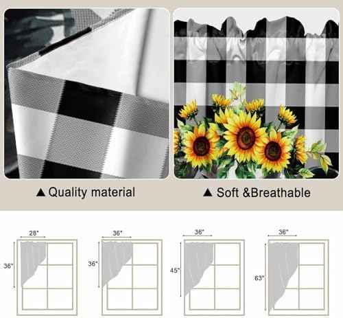 Sunflowers Cow Swag Curtain Valances, Kitchen Valance for Window, Farm Animal Black Buffalo Plaid Rod Pocket Topper Drapes for Bathroom Bedroom Living Room 2 Panels Window Treatment 36"x63"