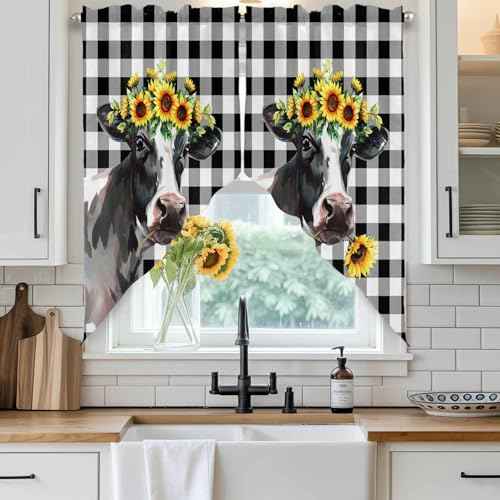 Sunflowers Cow Swag Curtain Valances, Kitchen Valance for Window, Farm Animal Black Buffalo Plaid Rod Pocket Topper Drapes for Bathroom Bedroom Living Room 2 Panels Window Treatment 36"x63"