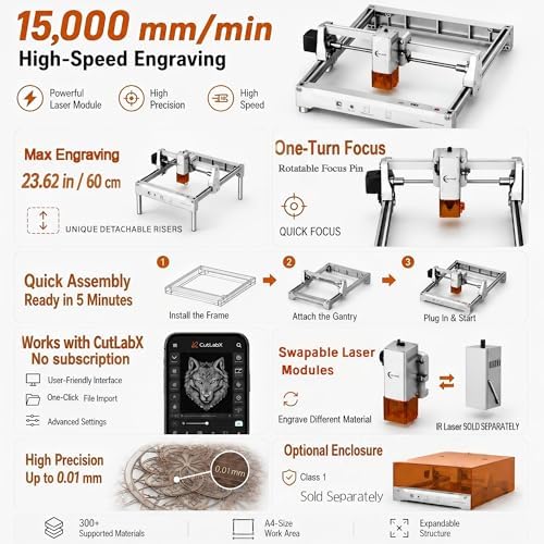 Laser Engraver 12W Laser Engraving Machine for Wood Metal Acrylic Glass Stone, DIY CNC Portable Laser Cutter 7.9" x 11.8" (Near A4) Offline Engraving Carverall K15 Pro Silvery, 12000mW, Class 1 - Field & Pure