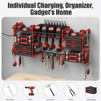 CCCEI Red Power Tool Organizer Wall Mount, Large Tools and Battery Storage Rack Charging Station Individual Switches. Drills Holder, Garage Utility Shelves with 6FT Power Strip. Gift for Men. - Field & Pure