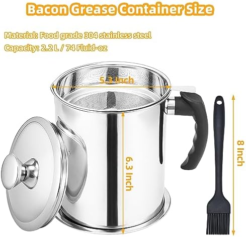 Kaemi 2.2L / 74OZ Bacon Grease Container With Strainer, Bacon Grease Keeper,Oil Storage Container for Kitchen,Filtered Oil Jug With Lid and Easy Grip Handle for Storing Meat Frying and Cooking Oil - Field & Pure
