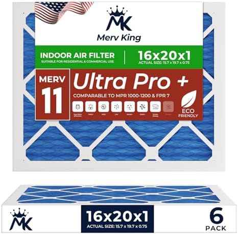 MervKing 16x20x1 Air Filter Actual Size: 15.7" x 19.7" x 0.75" MERV 11 MPR 1000-1200 | MADE IN USA | 6-Pack | Pleated HVAC AC Furnace Replacement