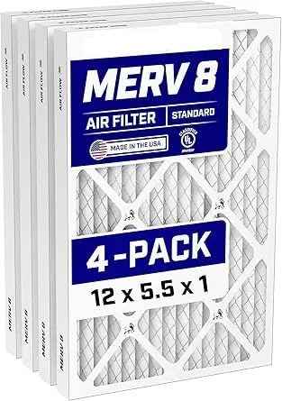 Filterking 12x5.5x1 Air Filter (MERV 8) (4-Pack) Dust & Allergy Control AC Furnace Filters, MADE IN USA, HVAC, Pleated, Electrostatic (Actual Size: 12 x 5.5 x .75)