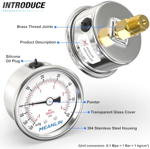 MEANLIN MEASURE -30inHG~60Psi Vacuum Gauge Stainless Steel 1/4" NPT 2"
