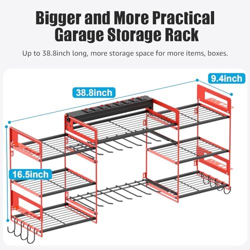 CCCEI Red Power Tool Organizer Wall Mount, Large Tools and Battery Storage Rack Charging Station Individual Switches. Drills Holder, Garage Utility Shelves with 6FT Power Strip. Gift for Men. - Field & Pure