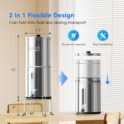 Purewell 1.5G Gravity Water Filter System, 3-Stage 0.01μm