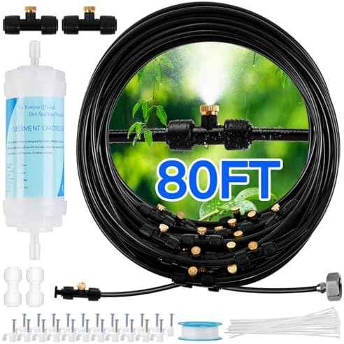 Misters for Outside Patio with Water Filter - 80Ft(24.5M) Misting System Line 30 Brass Mist Nozzles Brass Adapter(3/4") Patio Misters for Cooling Outdoor Greenhouse Backyard Porch Garden Party Pool