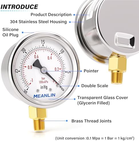 MEANLIN MEASURE -30inHG~0Psi Vacuum Gauge Stainless Steel 1/8" NPT 2"